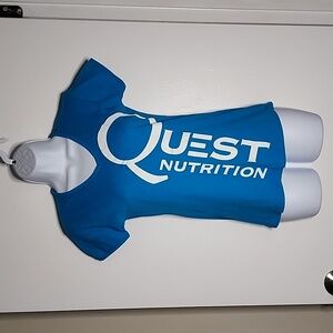 Quest Nutrition Top, Size Small, Turquoise and White, #CHEAT CLEAN Quest on Back
